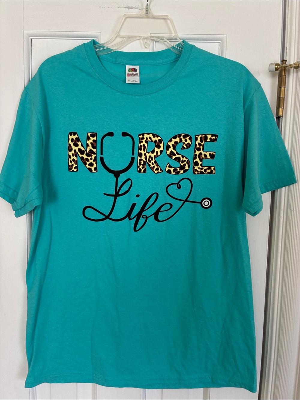Fruit of the Loom Teal Tee with Leopard 'Nurse Life' Print